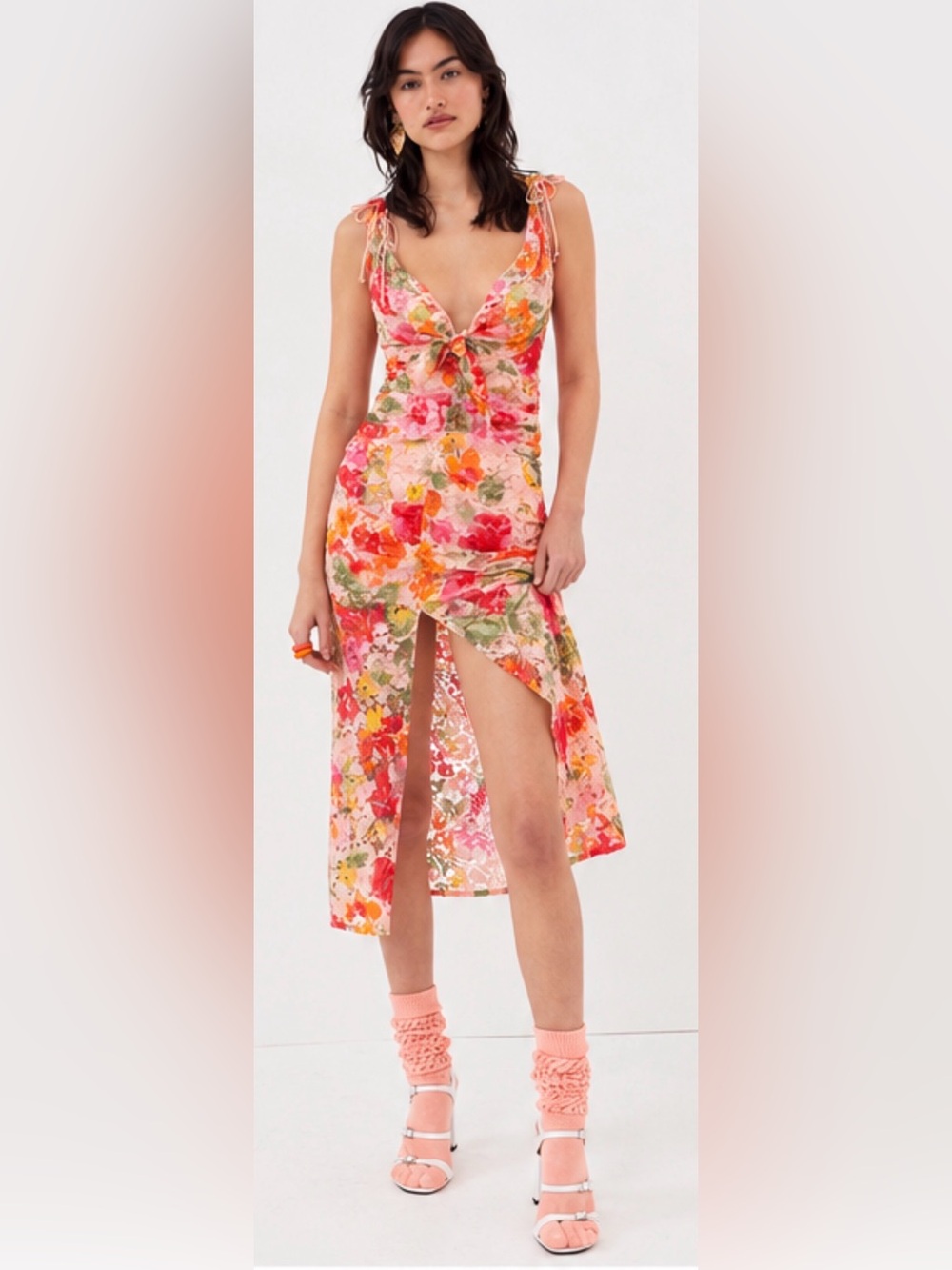 For Love & Lemons Willa Maxi Dress in Pink Combo Floral Lace XS